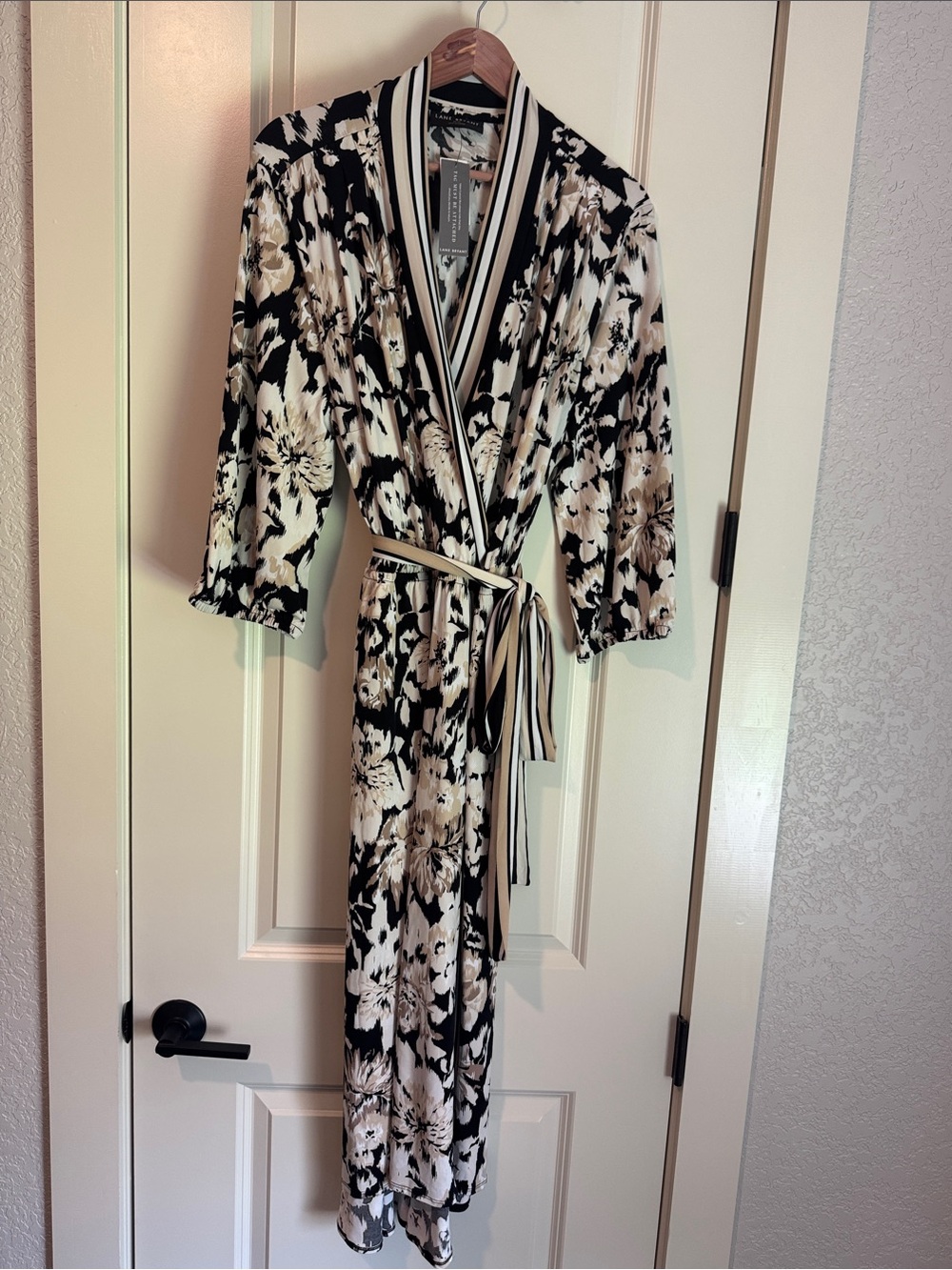 Floral Wrap Dress in Black, Tan and Cream